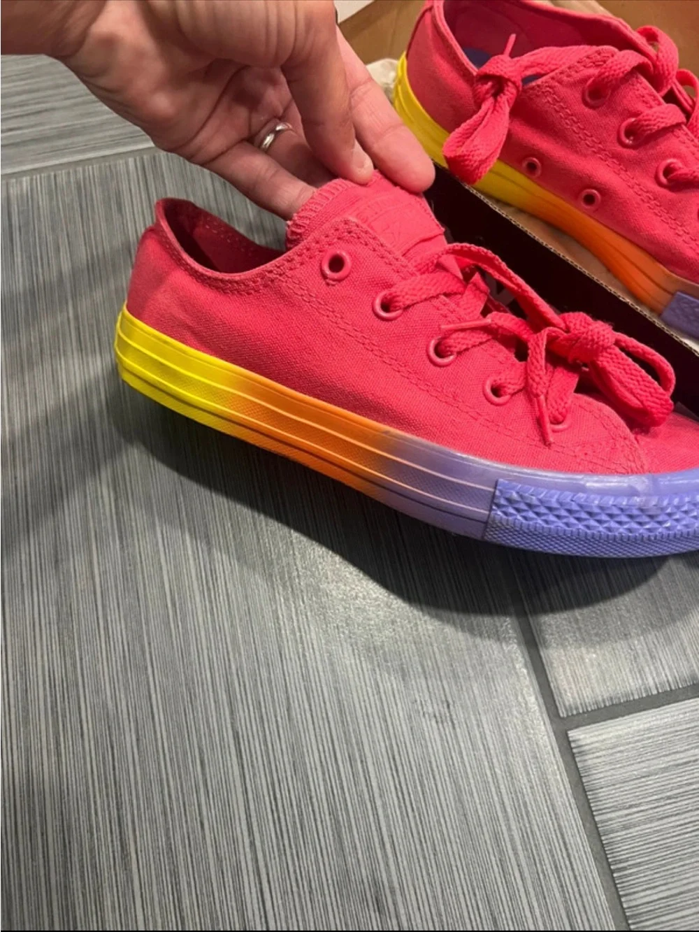 Converse Kids' Low Top Canvas Sneakers - Pink with Rainbow Sole size 2